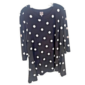 Anne Klein Tunic Top Blouse Size 1X Black White Polka Dot Stretch 3/4 sleeve